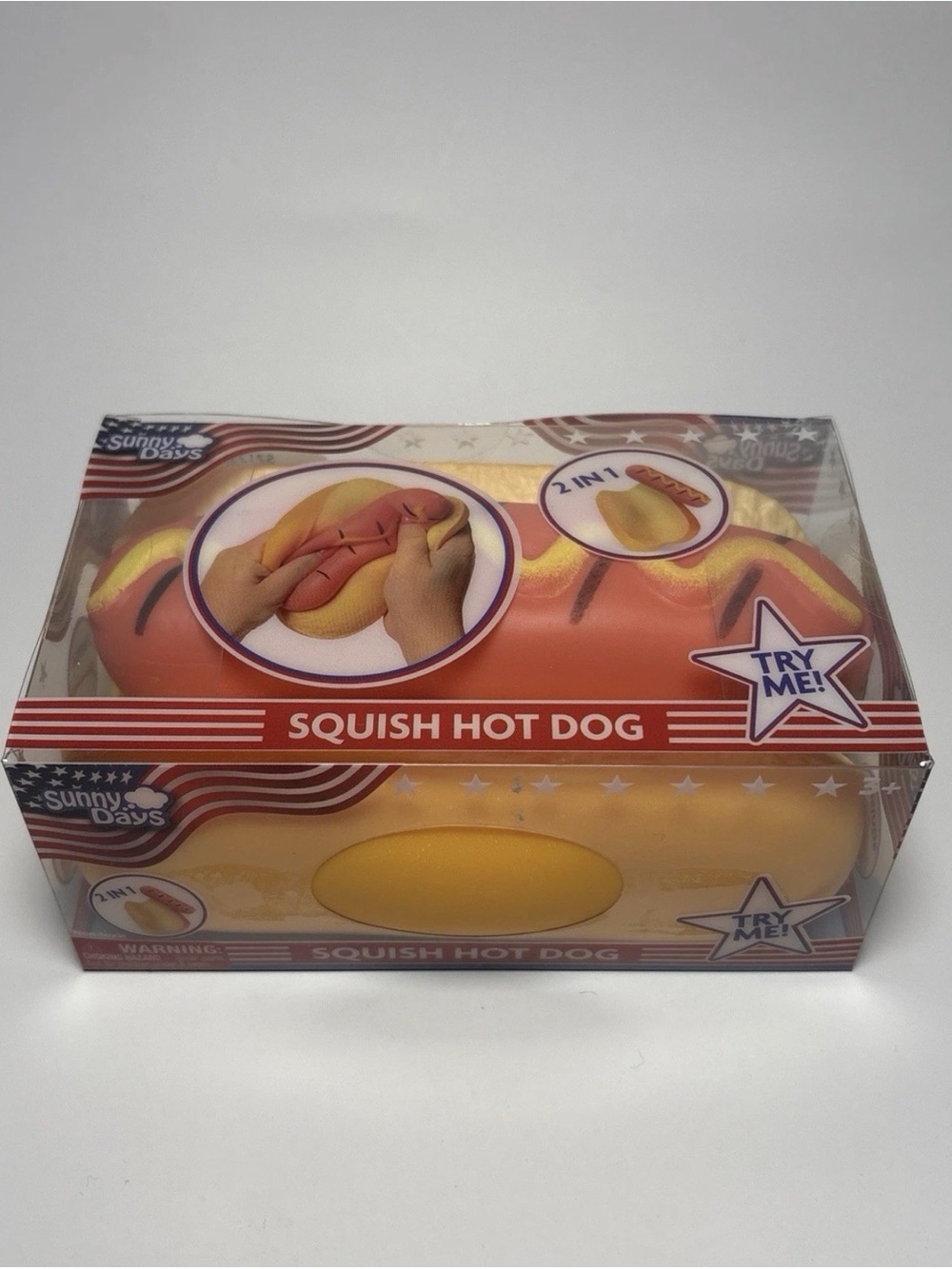 Squishy Hot Dog Squeezy Fidget Toy Sunny Days 2-in-1 Hotdog Stress Relief NEW
